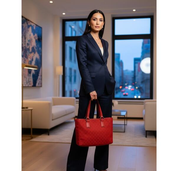 Gucci GG Canvas Red Tote Bag Leather Trim Top Handle Shoulder – Medium - Picture 1 of 9